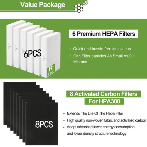 Six Pack HPA300 Compatible HEPA Filters For Air Purifier Series Replacement HRF-R3 And HRF-AP1 Pre Filters, six HEPA R and eight carbon filters