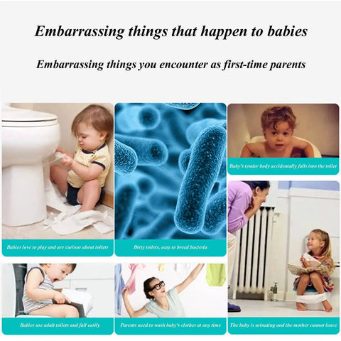 Image collage depicting embarrassing bathroom moments for babies, including curious toddlers and hygiene concerns.