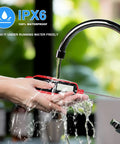 Waterproof Digital Cooking Thermometer With Five Point One Inch Long Probe being washed under a faucet showing IPX6 waterproof feature.