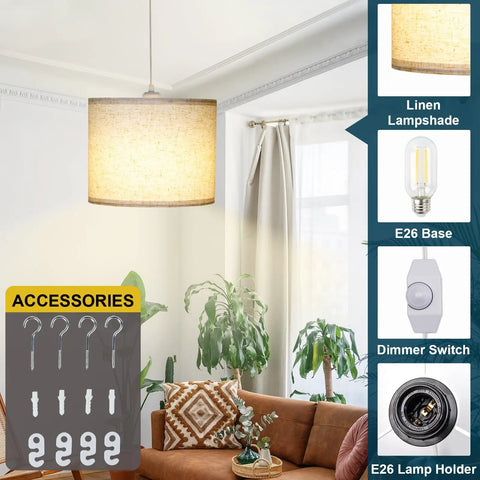 Slick Adjustable Plug In Pendant Light With Authentic Beige Linen Shade illuminating a cozy living room with plants and accessories.