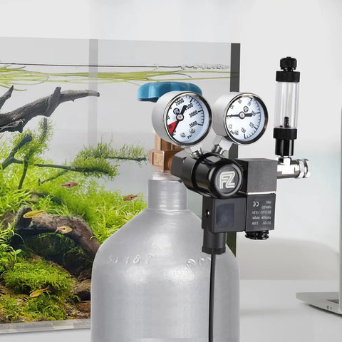 CO2 Regulator For Aquarium With DC Solenoid Bubble Counter And Check Valve Side Open Cylinder CGA320 shown in use