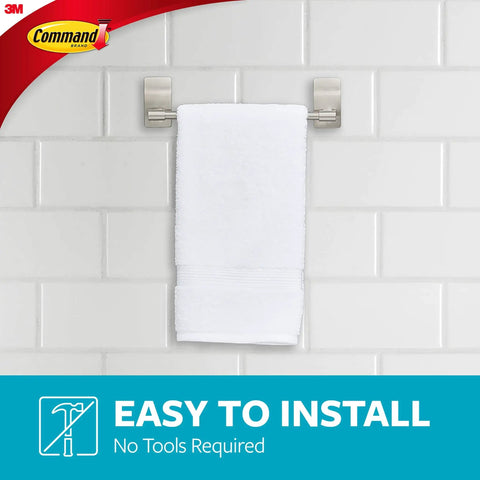 Satin Nickel Hand Towel Bar With 4 Water Resistant Strips, 9 Inch Holder Holds Up To 3 Lb, No Tools Needed, Great For Bathroom Wall, Inside Cabinet Or Shower, Damage Free Mount displayed with towel
