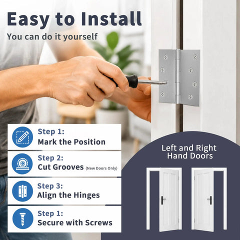 Installing Beefy 4 Inch Exterior Door Hinges Pack Of 6 In Brushed Nickel with steps and screwdriver on door frame