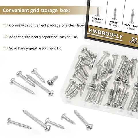 Heavy Duty Size 12 Phillips Pan Head Self Tapping Screw And Wood Screw Assortment Kit Featuring Top Shelf 304 Stainless Steel Construction in storage box.