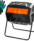 43 Gallon Dual Chamber Tumbling Compost Bin With Sliding Doors, Rotating Batch Composter and garden gloves