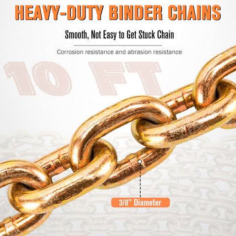Close-up of heavy duty binder chain, 10 ft length, 3/8 inch diameter, showing corrosion resistance and smooth finish.