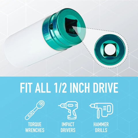 5 Piece Deep Impact Socket Set One Half Inch Drive Non Marring Lug Nut Sockets With Protective Nylon Sleeves Chrome Moly CR MO 15 17 19 21 22mm Heavy Duty Garage Must Have; close-up of socket fitting.