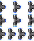 Blue 3/8 Inch OD Tee Push In Connect Fittings 3 Way Plastic Tubing Connectors Pack Of 10 displayed in a grid