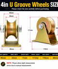 4 Inch U-Groove Pulley Wheels Ultra Heavy-Duty Rigid Casters for Square Tube Tracks showing size details and measurements chart.