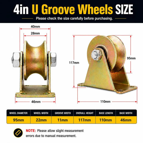 4 Inch U-Groove Pulley Wheels Ultra Heavy-Duty Rigid Casters for Square Tube Tracks showing size details and measurements chart.