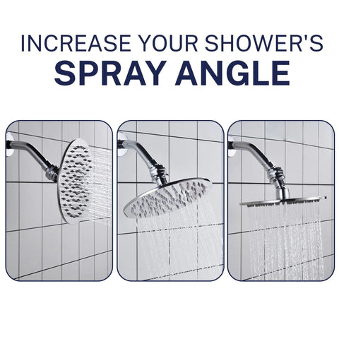 Solid Metal Shower Head Swivel Ball Adapter Chrome Heavy Duty Adjustable Pivot Ball For Easy Angle Control Universal Half Inch Connector Fits Fixed Handheld And Rain Shower Heads displayed in various spray angles in a tiled shower setting.