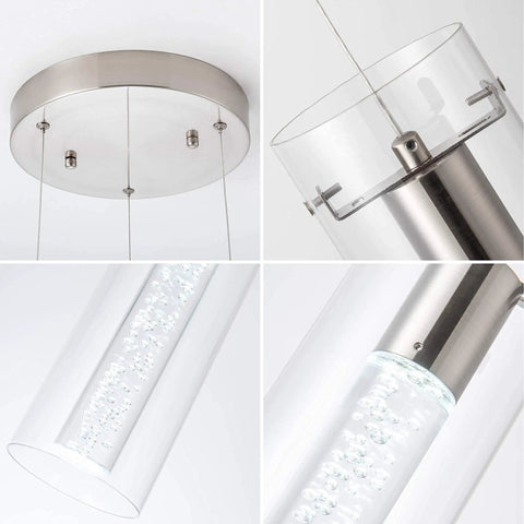 Close-up details of Brushed Nickel Crystal Pendant Light With Adjustable Rod, Modern LED Fixture, clear rod design, hand-cut crystal