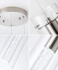 Close-up of Three Light Bubble Cylinder LED Pendant Light In Brushed Nickel With Adjustable Length, base and cylinder details.