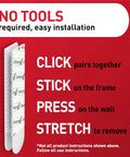 Installation instructions for Large Picture Hanging Strips Set for Frames Up To 24 x 36 Inches, displaying adhesive use on red background.