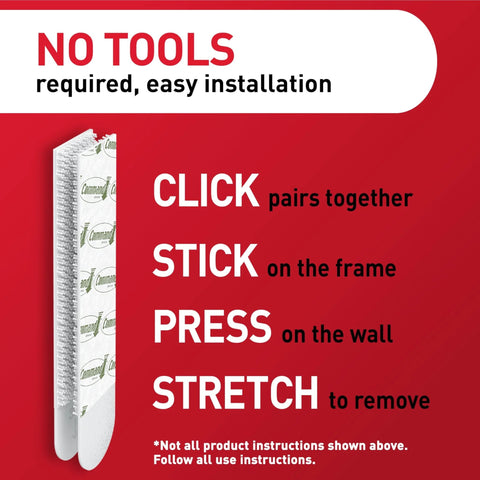 Installation instructions for Large Picture Hanging Strips Set for Frames Up To 24 x 36 Inches, displaying adhesive use on red background.