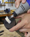 12 Piece Wool Polishing Wheel Set With 3mm Shank For Rotary Tools Buffing Pads in use on metal in workshop