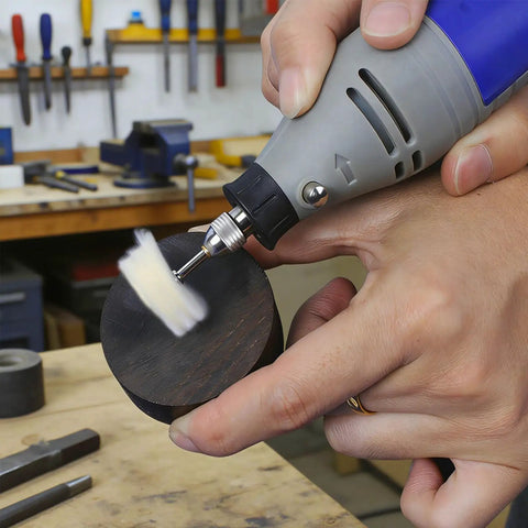 12 Piece Wool Polishing Wheel Set With 3mm Shank For Rotary Tools Buffing Pads in use on metal in workshop