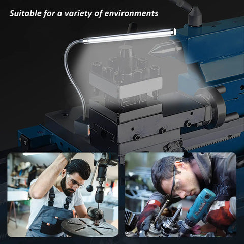 Magnetic 800 Lumen LED Work Light For Sewing Machines, Lathes, Milling Machines, And Bandsaws illuminating a lathe tool setup