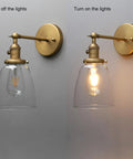 Industrial Vintage Sconce With Oval Cone Clear Glass Shade 1 Light Wall Light In Antique Gold Finish illuminated and off