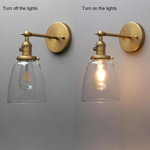 Industrial Vintage Sconce With Oval Cone Clear Glass Shade 1 Light Wall Light In Antique Gold Finish illuminated and off