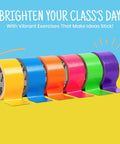 Colorful Duct Tape Multipack With 6 Colors And 15 Yards Each 2 Inch Wide For Arts And Crafts Projects Labeling Gift Wrapping And Creative DIY Decor Totally Bright Vivid Rainbow Palette Style displayed in a fan on blue and yellow background.