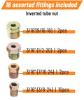 Copper Coated Brake Line Kit 25 Ft 3/16 In With 16 Fittings And 4 Unions Plus Double And Single Flare Tool Kit DIY, assorted fittings display