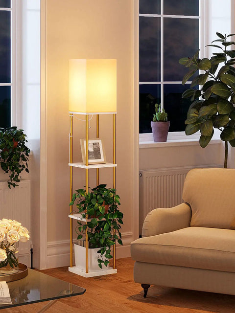 Gold Marble Texture Floor Lamp With Shelves, 4 Tier LED Display Lamp With Adjustable 3CCT Bulbs in a cozy living room setting