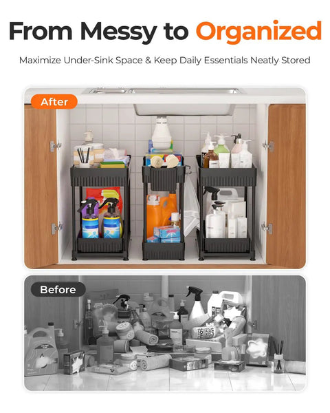 Three Pack Under Sink Organizers With Smooth Sliding Drawers And Heavy Duty Mesh Bins, Adjustable Kitchen Cabinet Storage Rack For Quick Access in organized cupboard upgrade.