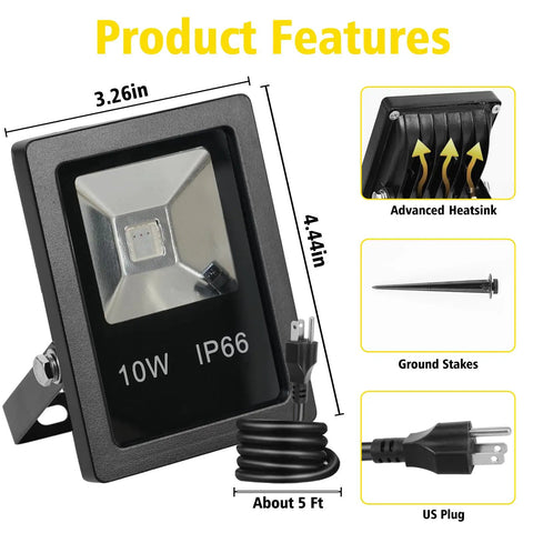 Outdoor RGB LED Flood Lights 10W Waterproof Security Lights With Remote US Plug 120 Degree Beam Color Changing Memory close-up