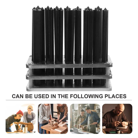 Pro Grade 28 Piece Cylindrical Punch Set With Positioning Base displayed above images of diverse machinist applications.