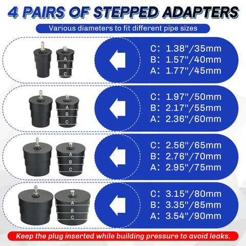 Turbo leakage tester kit with 12 pieces and four pairs of stepped adapters, black plastic housings.
Side view of four stepped adapters showing different diameters and metal fittings.
Close-up of the stepped adapter ends with A, B, C labels on blue panels.
Red banner note about keeping the plug inserted during pressure testing.