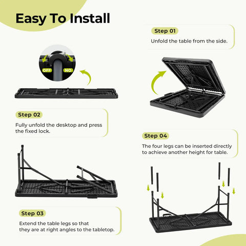 Diagram illustrating installation of 4 Foot Folding Table Portable Heavy Duty 400 Lb Capacity With Wood Grain Top Anti Slip Feet