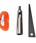 Workhorse Magnetic Drill Press Equipped With MT3 Spindle Taper And 13 Piece Annular Cutter Set, includes steel tools and orange strap.