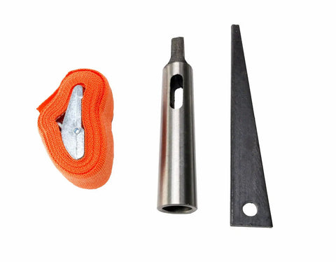 Workhorse Magnetic Drill Press Equipped With MT3 Spindle Taper And 13 Piece Annular Cutter Set, includes steel tools and orange strap.