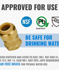 Half Inch FNPT Female Push To Connect Brass Adapter For PEX Copper CPVC Plumbing Fittings With Disconnect Clip Pack Of 12 No Lead Certified To ASSE 1061 And NSF 61 Safe For Drinking Water, approved for safe drinking use with certifications displayed.