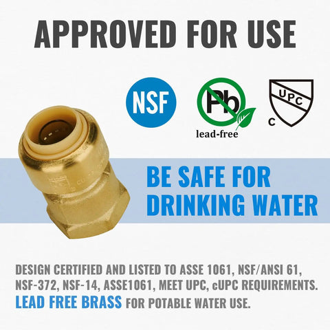 Half Inch FNPT Female Push To Connect Brass Adapter For PEX Copper CPVC Plumbing Fittings With Disconnect Clip Pack Of 12 No Lead Certified To ASSE 1061 And NSF 61 Safe For Drinking Water, approved for safe drinking use with certifications displayed.