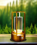 Portable Metal Table Lamp With 4000mAh Rechargeable Battery Cordless Outdoor Light on a wooden table in a garden