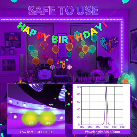 33 Foot Black Light LED Strip With Remote For Lit Glow Party Vibes And Bedroom Decor 600 LEDs Dimmable 12V Flexible
