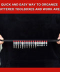 Person holding Portable ABS Socket Clip Rail Organizer For One Quarter Inch, Three Eighths Inch, And One Half Inch Drive Sockets, red clips visible
