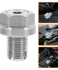 Quick Fix Silver Oil Drain Bolt Repair Kit With Rubber Washer For Car Engine Pan 12mm X 1.25, shown installed on engine pan