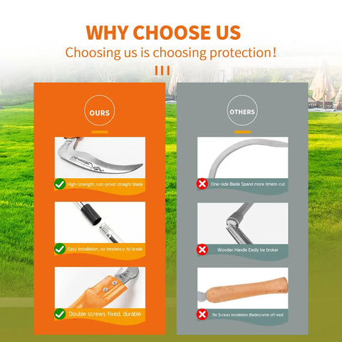Comparison chart of our adjustable long handled weeding sickle with high carbon steel blade versus competitors' features.