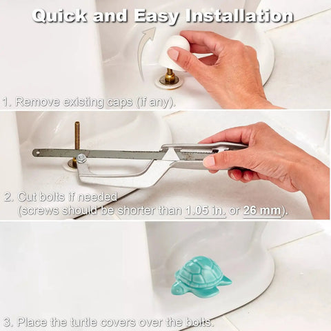 Heckin Adorable Ceramic Sea Turtle Toilet Bolt Caps Set Of 2 Snazzy Screw Cover installation steps with hands and tools.