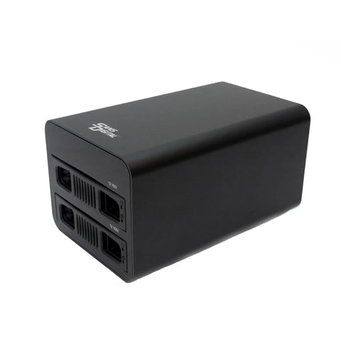 Compact black Plug And Play Dual Bay Raid Hard Drive Enclosure with USB 3.1 Gen 2 ports for dual SATA storage solutions.