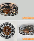Caged Ceiling Fan With Lights 20 Inch Industrial Farmhouse Cool Vibe Ceiling Fan Light With Remote, light on and off view