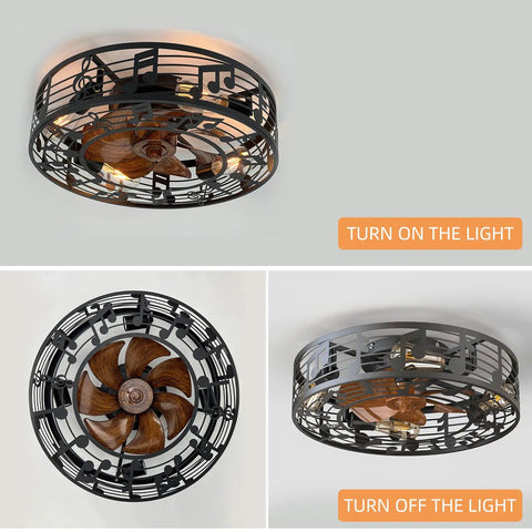 Caged Ceiling Fan With Lights 20 Inch Industrial Farmhouse Cool Vibe Ceiling Fan Light With Remote, light on and off view