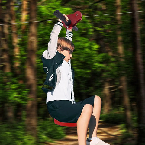 Child using Zip Line Kit 160 Ft For Kids And Adults Upgrade Outdoor Zip Line With Swing Seat And Iron Trolley in a forest