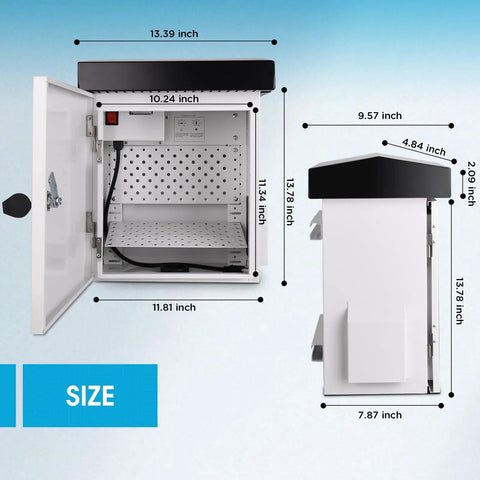 Outdoor Electrical Enclosure With Thermostat 100W Heater And 12W Fan IP65 Waterproof Galvanized Steel Cabinet open and side view with dimensions