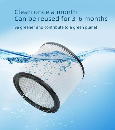 Pro Grade Replacement Filter Set For Wet Dry Vacuum Cleaners 5 Gallon And Above submerged in water with cleaning text