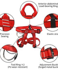 Adjustable Thickness Climbing Harness With Wide Half Body Design For Rock Climbing Rappelling Fire Rescue And Tree Work CE EN3531 Certified Heavy Duty Workhorse Polyester Gear With Max Load 230kg And Breaking Strength 22kN In Red, showing tool ring details, buckle, stitching, and material.