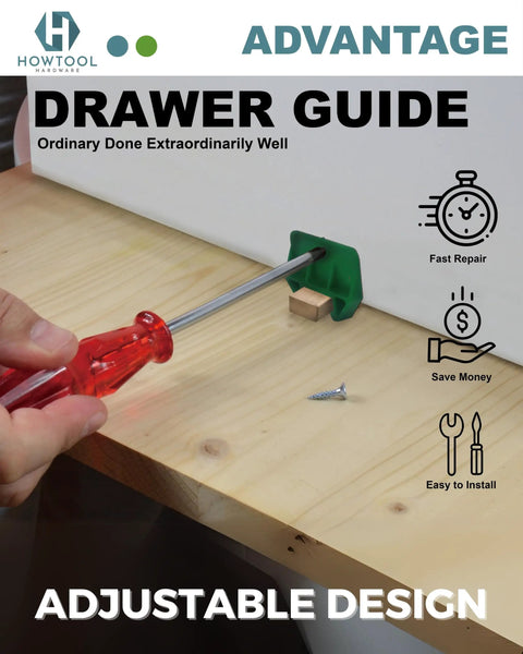 Adjustable White L Angle Drawer Guides Quick Fix Furniture Replacement Kit With Screws Smooth Glide Tracks For Dressers Cabinets And Wood Drawers Serious Quality, showing installation with screwdriver.